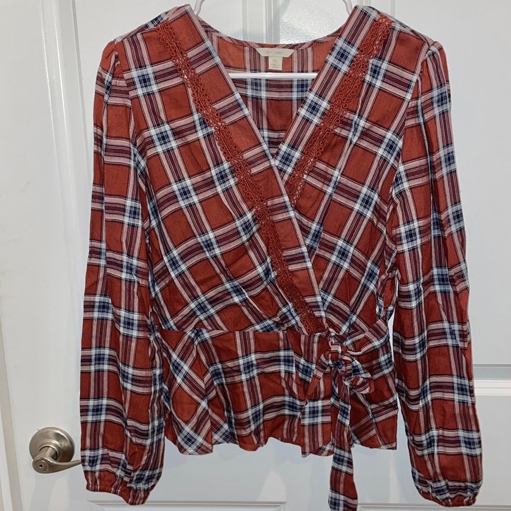 Plaid Surplice Tie-Waist Long Sleeve Top